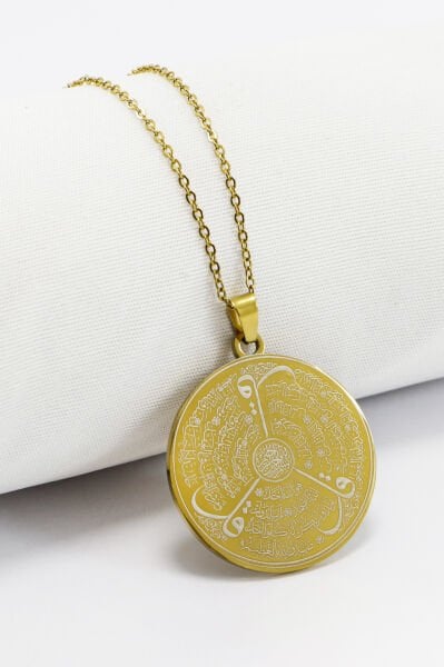 Gold Renkli Çelik Kolye Lazer Kazıma Ön Yüzde Allah Lafzı Ayetel Kürsi Arkada Felak Nas İhlas