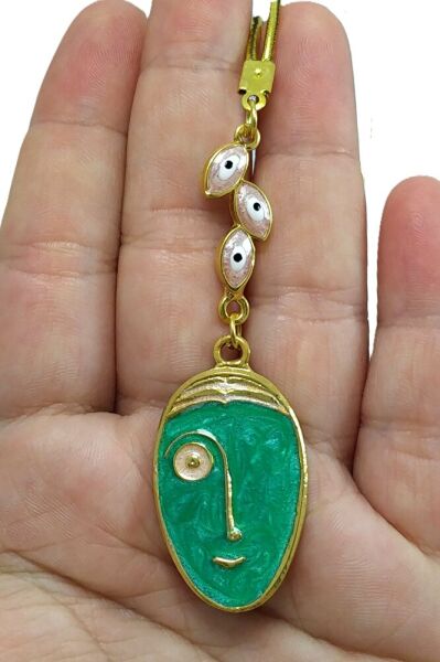 Pink Cluster Evil Eye Pearl Rearview Mirror Ornament, Metal Lineart Face Figure Style New Car Gift