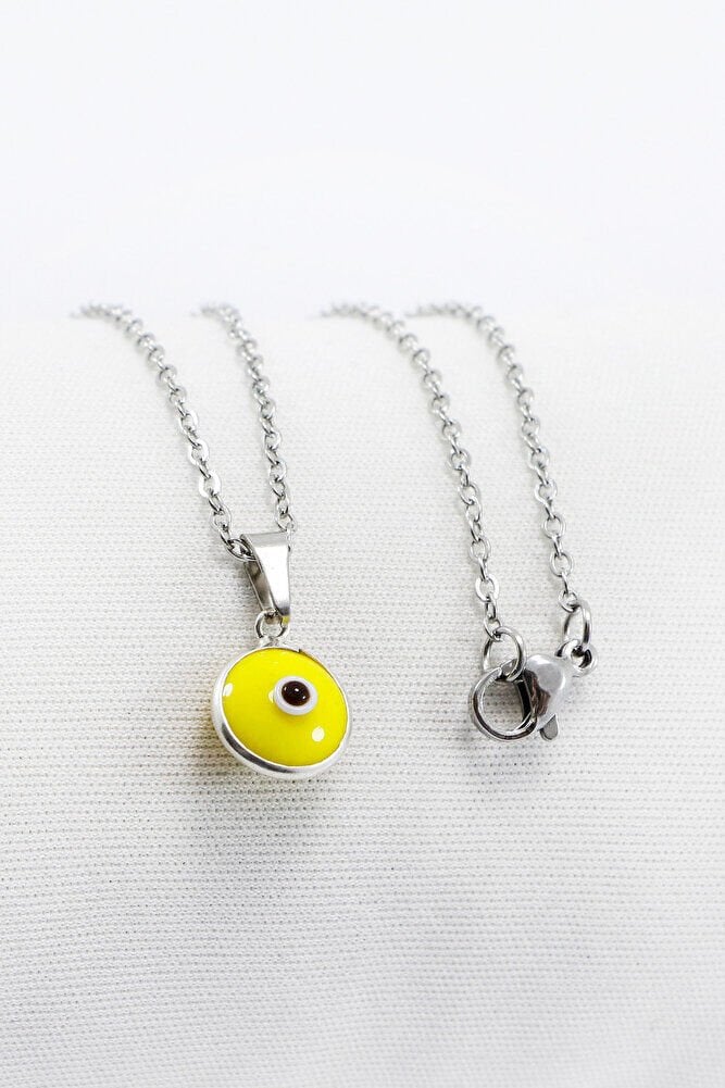 Çerçeveli Sarı Nazar Boncuklu Bijuteri Kolye (Çelik Zincir 60 cm), Gümüş Renkli