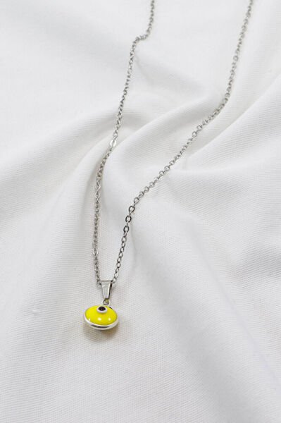 Çerçeveli Sarı Nazar Boncuklu Bijuteri Kolye (Çelik Zincir 60 cm), Gümüş Renkli