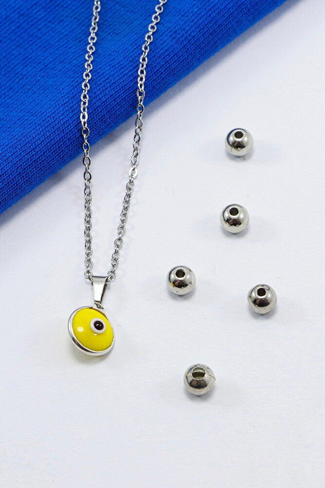 Çerçeveli Sarı Nazar Boncuklu Bijuteri Kolye (Çelik Zincir 60 cm), Gümüş Renkli