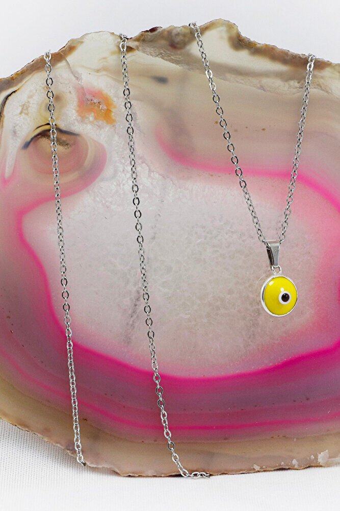 Çerçeveli Sarı Nazar Boncuklu Bijuteri Kolye (Çelik Zincir 60 cm), Gümüş Renkli