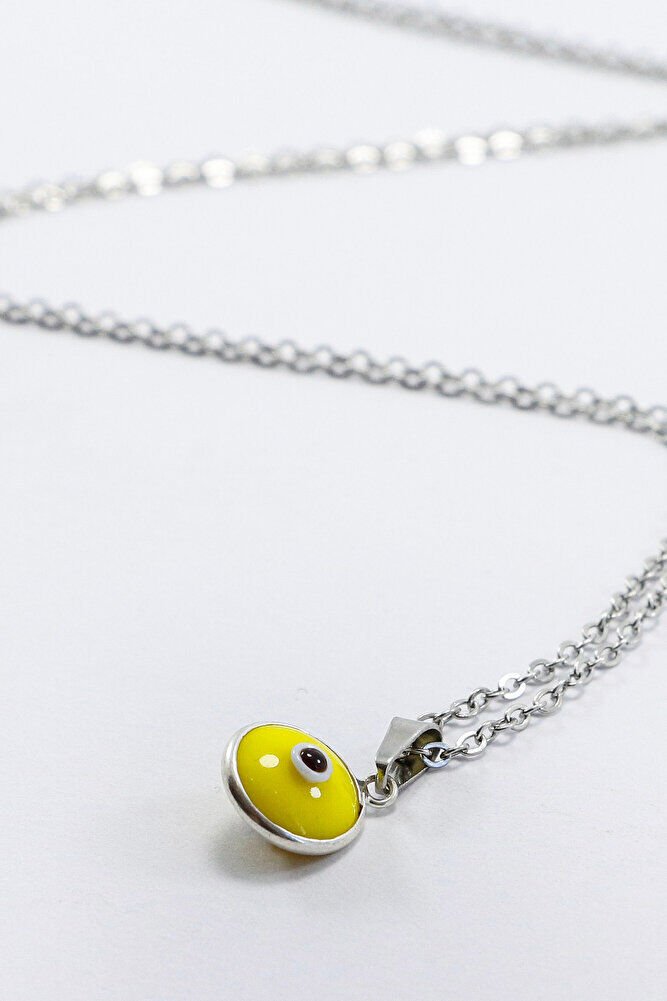 Çerçeveli Sarı Nazar Boncuklu Bijuteri Kolye (Çelik Zincir 60 cm), Gümüş Renkli