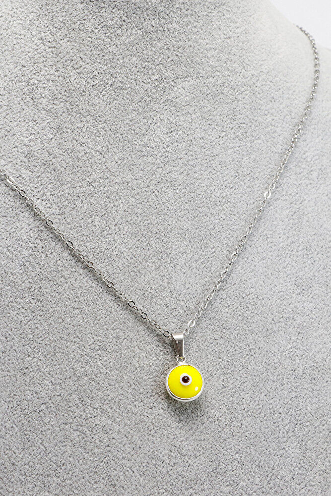 Çerçeveli Sarı Nazar Boncuklu Bijuteri Kolye (Çelik Zincir 60 cm), Gümüş Renkli