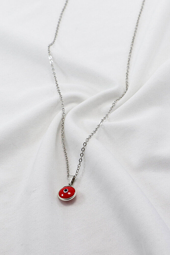 Çerçeveli Kırmızı Nazar Boncuklu Bijuteri Kolye (Çelik Zincir 60 cm), Gümüş Renkli