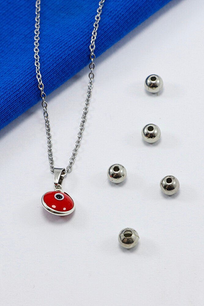 Çerçeveli Kırmızı Nazar Boncuklu Bijuteri Kolye (Çelik Zincir 60 cm), Gümüş Renkli
