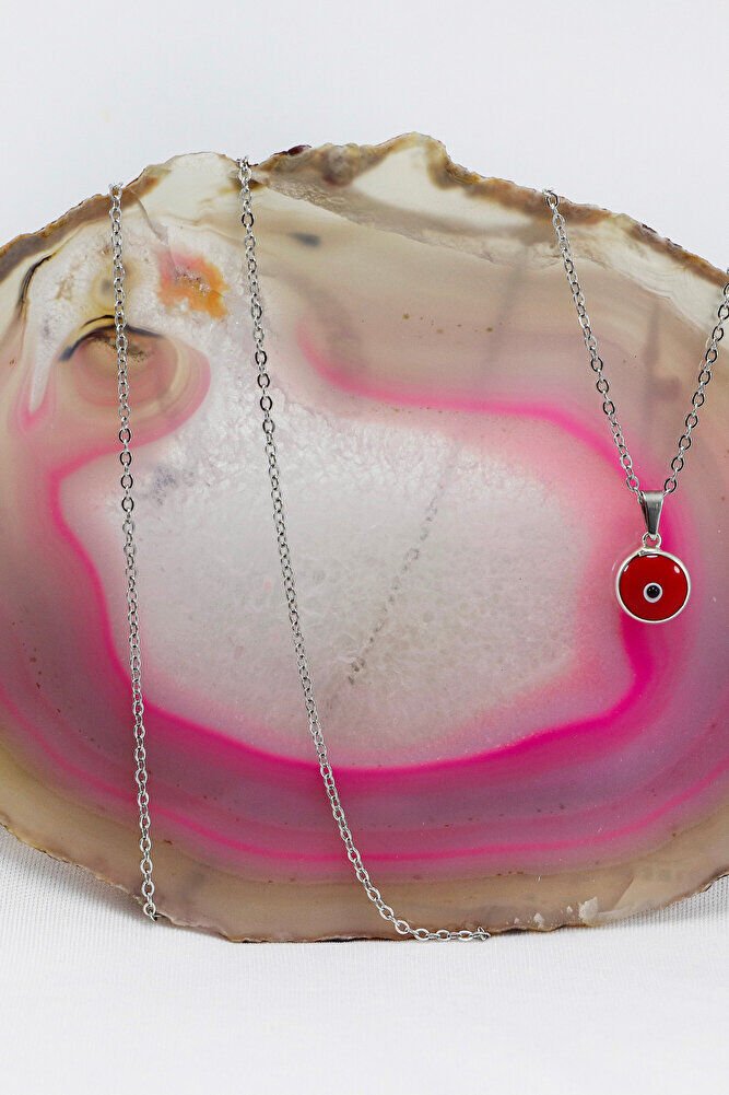 Çerçeveli Kırmızı Nazar Boncuklu Bijuteri Kolye (Çelik Zincir 60 cm), Gümüş Renkli