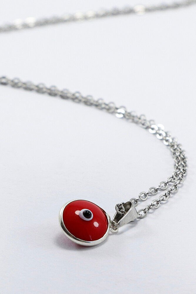 Çerçeveli Kırmızı Nazar Boncuklu Bijuteri Kolye (Çelik Zincir 60 cm), Gümüş Renkli