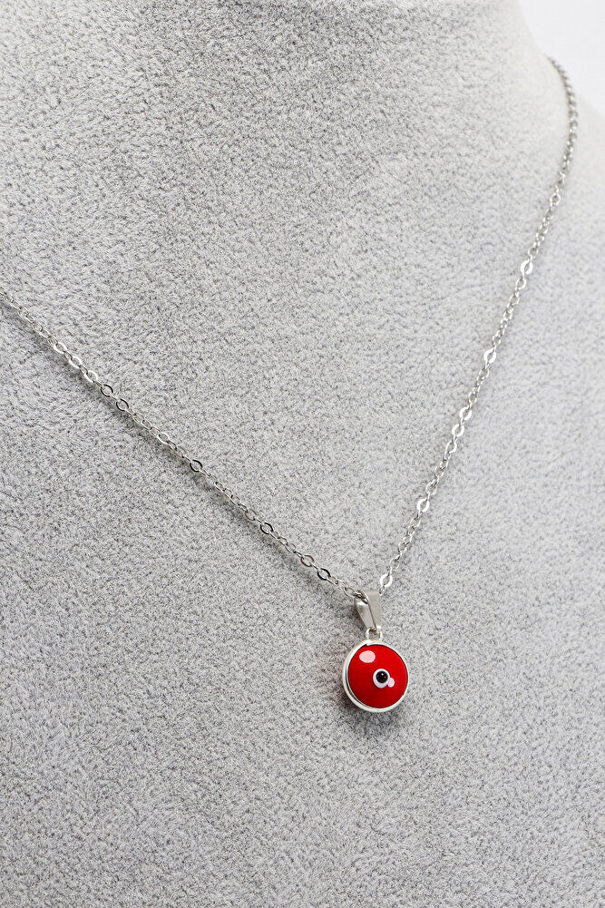 Çerçeveli Kırmızı Nazar Boncuklu Bijuteri Kolye (Çelik Zincir 60 cm), Gümüş Renkli