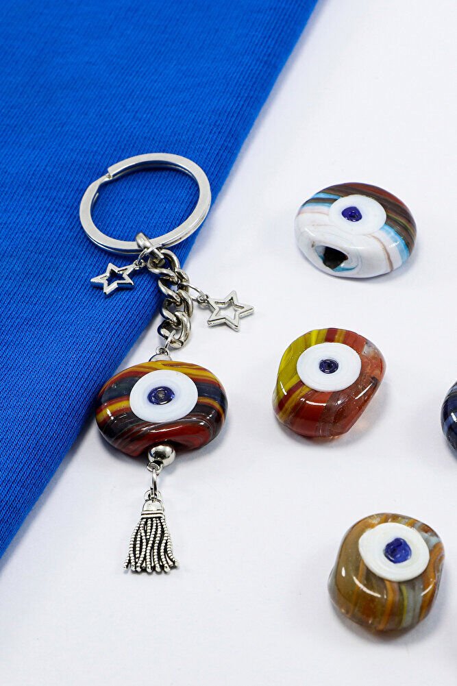 Ebruli Danagözü Nazar Boncuğu Metal Püsküllü Anahtarlık, HER BONCUK FARKLI RENKTEDİR