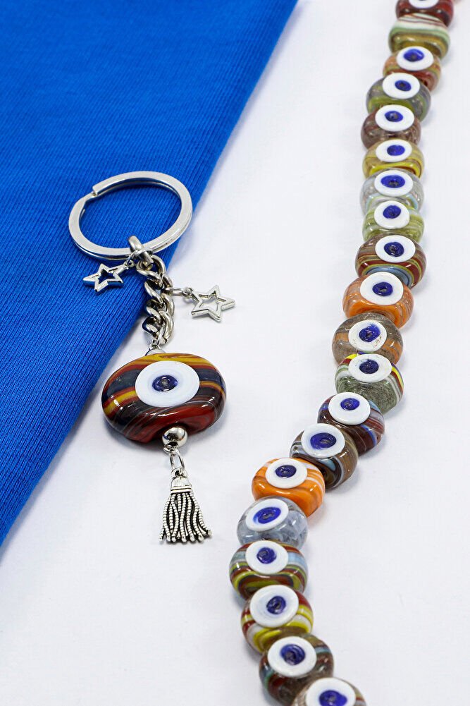 Ebruli Danagözü Nazar Boncuğu Metal Püsküllü Anahtarlık, HER BONCUK FARKLI RENKTEDİR