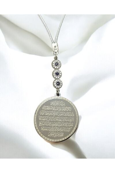 Üçlü Zirkon Taşlı Gümüş Renk Çelik Çift Taraflı Ayetel Kürsi Nazar Ayeti Araba Dikiz Ayna Süsü