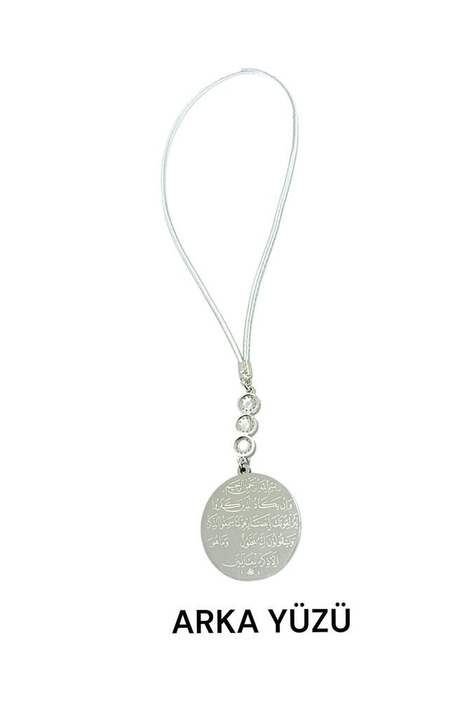 Üçlü Zirkon Taşlı Gümüş Renk Çelik Çift Taraflı Ayetel Kürsi Nazar Ayeti Araba Dikiz Ayna Süsü