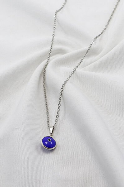 Çerçeveli Saks Mavisi Nazar Boncuklu Bijuteri Kolye (Çelik Zincir 60 cm), Gümüş Renkli