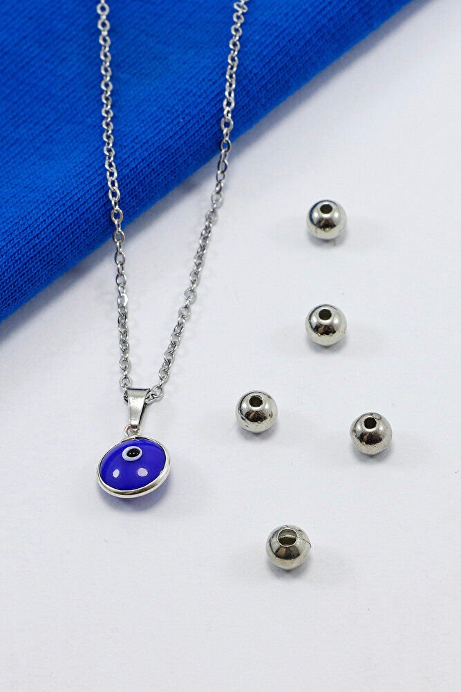 Çerçeveli Saks Mavisi Nazar Boncuklu Bijuteri Kolye (Çelik Zincir 60 cm), Gümüş Renkli
