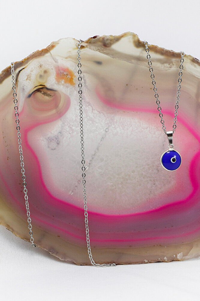 Çerçeveli Saks Mavisi Nazar Boncuklu Bijuteri Kolye (Çelik Zincir 60 cm), Gümüş Renkli