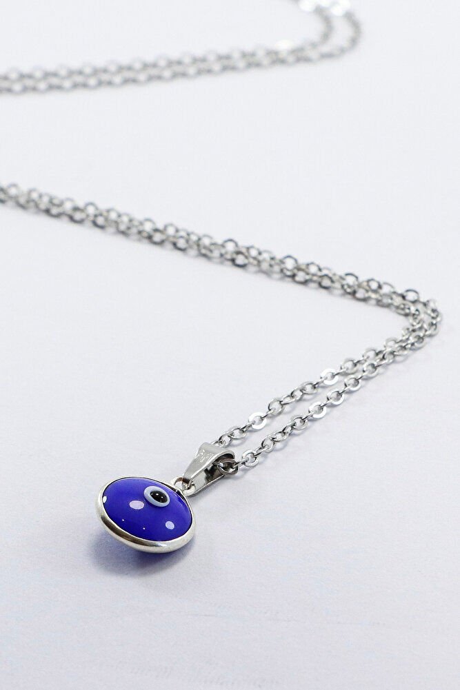 Çerçeveli Saks Mavisi Nazar Boncuklu Bijuteri Kolye (Çelik Zincir 60 cm), Gümüş Renkli