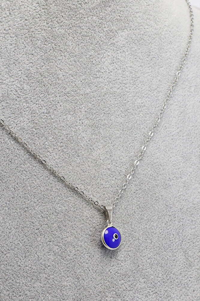 Çerçeveli Saks Mavisi Nazar Boncuklu Bijuteri Kolye (Çelik Zincir 60 cm), Gümüş Renkli