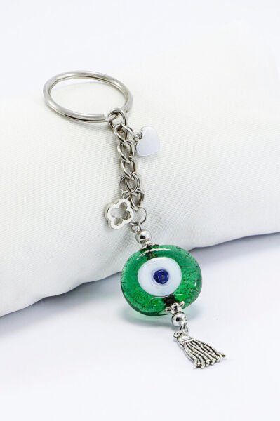Yeşil Danagözü Nazar Boncuğu Metal Püsküllü Anahtarlık, Küçük Çanta Süsü