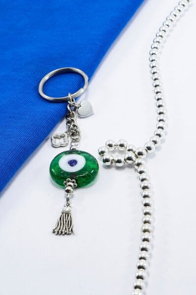 Yeşil Danagözü Nazar Boncuğu Metal Püsküllü Anahtarlık, Küçük Çanta Süsü