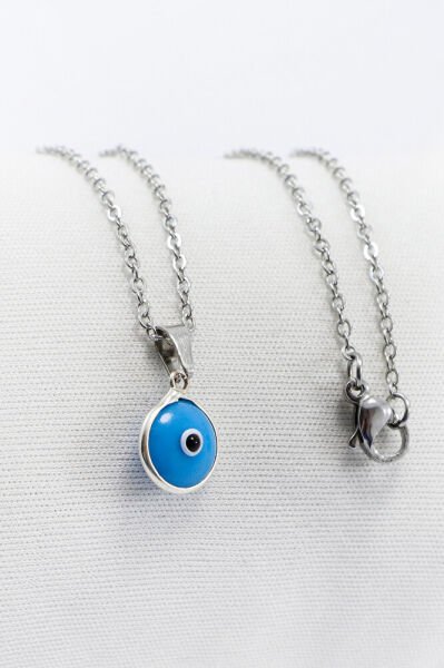 Çerçeveli Mavi Nazar Boncuklu Bijuteri Kolye (Çelik Zincir 60 cm), Gümüş Renkli