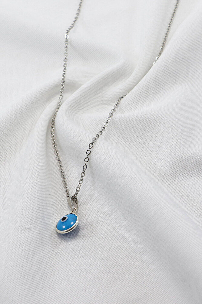Çerçeveli Mavi Nazar Boncuklu Bijuteri Kolye (Çelik Zincir 60 cm), Gümüş Renkli