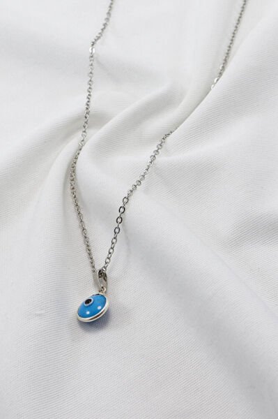 Çerçeveli Mavi Nazar Boncuklu Bijuteri Kolye (Çelik Zincir 60 cm), Gümüş Renkli