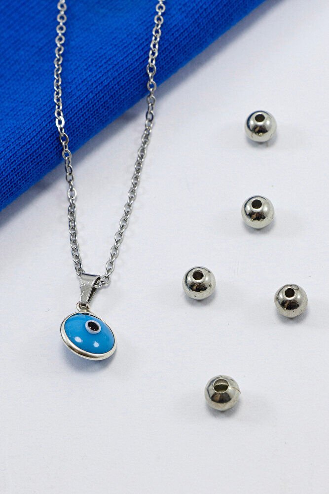 Çerçeveli Mavi Nazar Boncuklu Bijuteri Kolye (Çelik Zincir 60 cm), Gümüş Renkli