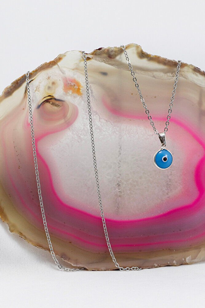 Çerçeveli Mavi Nazar Boncuklu Bijuteri Kolye (Çelik Zincir 60 cm), Gümüş Renkli