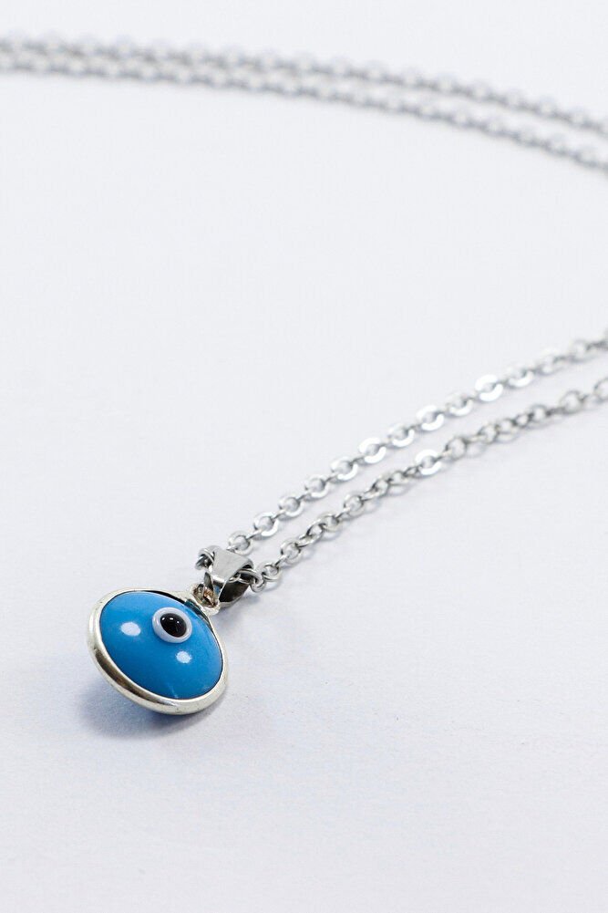 Çerçeveli Mavi Nazar Boncuklu Bijuteri Kolye (Çelik Zincir 60 cm), Gümüş Renkli