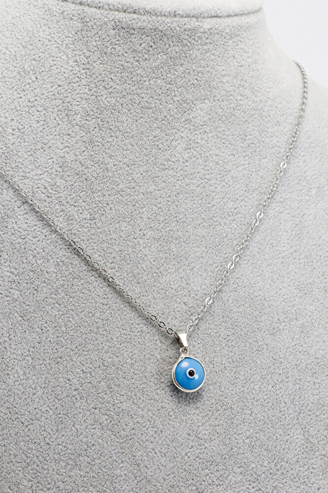 Çerçeveli Mavi Nazar Boncuklu Bijuteri Kolye (Çelik Zincir 60 cm), Gümüş Renkli