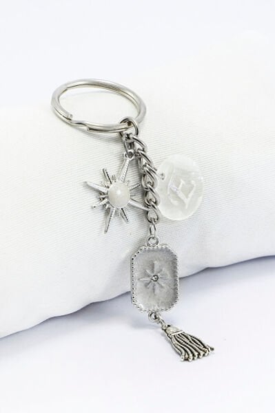 Metal Kuzey Yıldızı Güneş Figürlü Anahtarlık, Üzerine Lazer Kazıma E Harfi Küçük Çanta Süsü