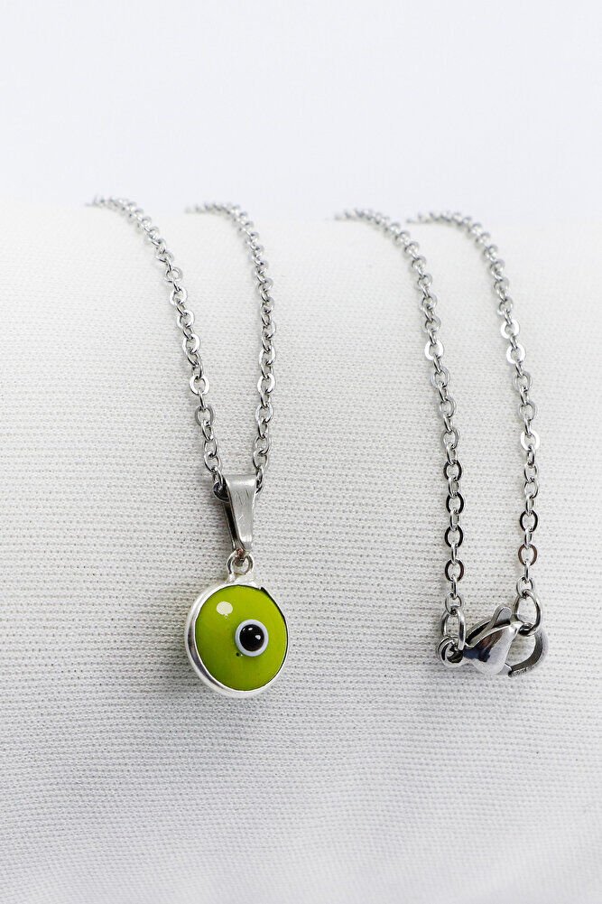 Çerçeveli Yeşil Nazar Boncuklu Bijuteri Kolye (Çelik Zincir 60 cm), Gümüş Renkli