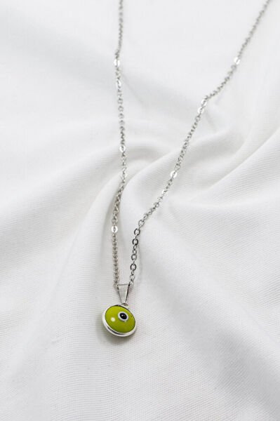 Çerçeveli Yeşil Nazar Boncuklu Bijuteri Kolye (Çelik Zincir 60 cm), Gümüş Renkli
