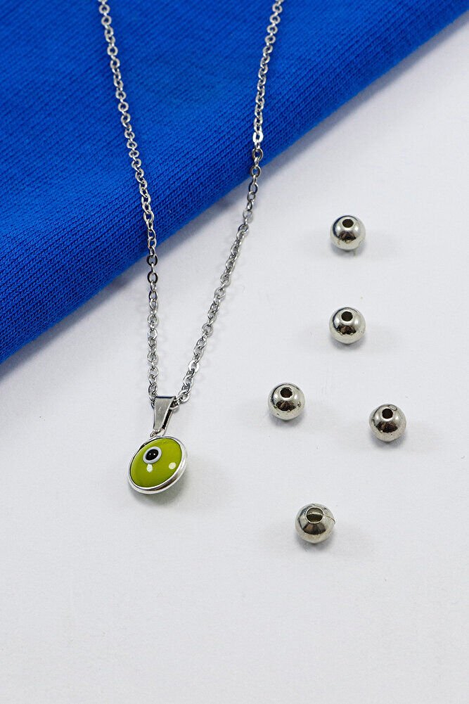 Çerçeveli Yeşil Nazar Boncuklu Bijuteri Kolye (Çelik Zincir 60 cm), Gümüş Renkli