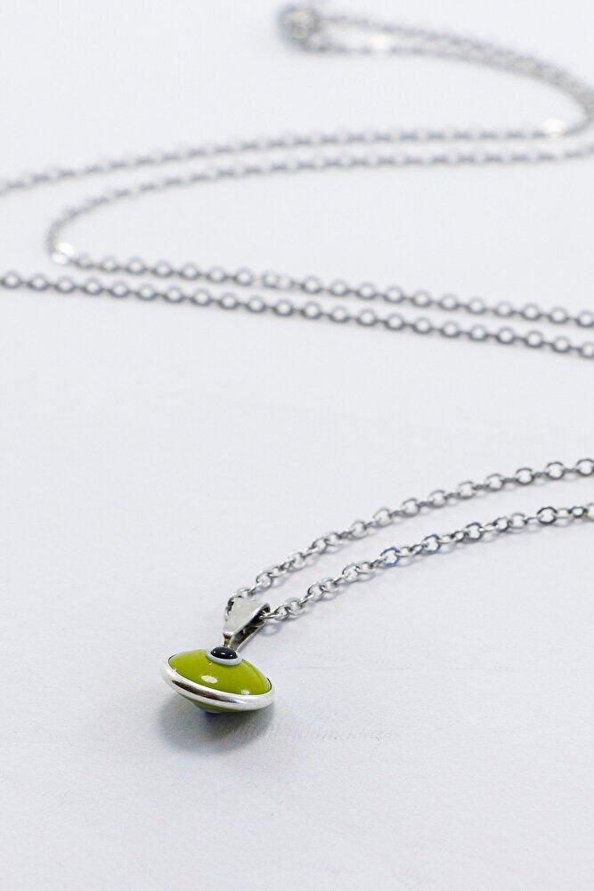 Çerçeveli Yeşil Nazar Boncuklu Bijuteri Kolye (Çelik Zincir 60 cm), Gümüş Renkli