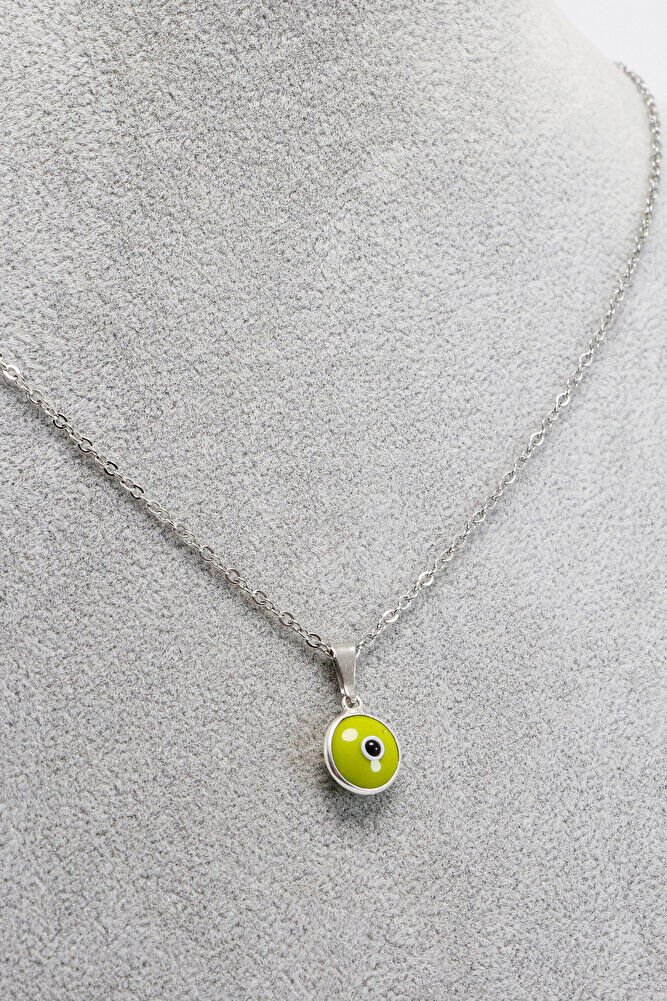 Çerçeveli Yeşil Nazar Boncuklu Bijuteri Kolye (Çelik Zincir 60 cm), Gümüş Renkli