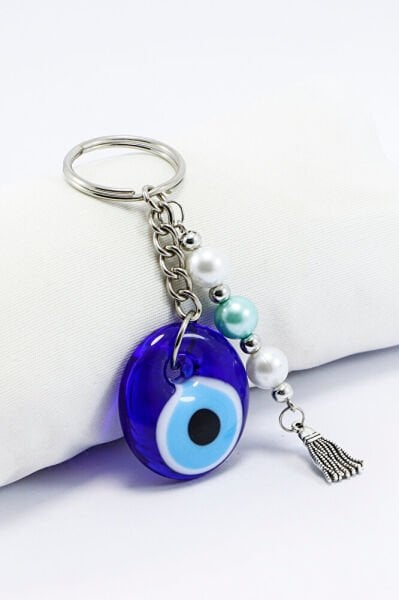El Yapımı Cam Nazar Boncuklu Anahtarlık, Cam Göbeği Beyaz İncili Püsküllü Hediyelik Aksesuar