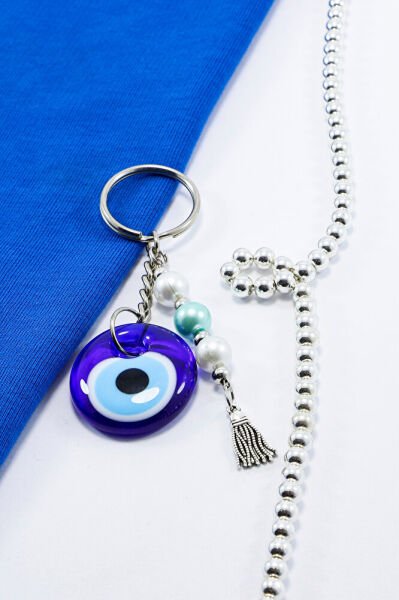 El Yapımı Cam Nazar Boncuklu Anahtarlık, Cam Göbeği Beyaz İncili Püsküllü Hediyelik Aksesuar