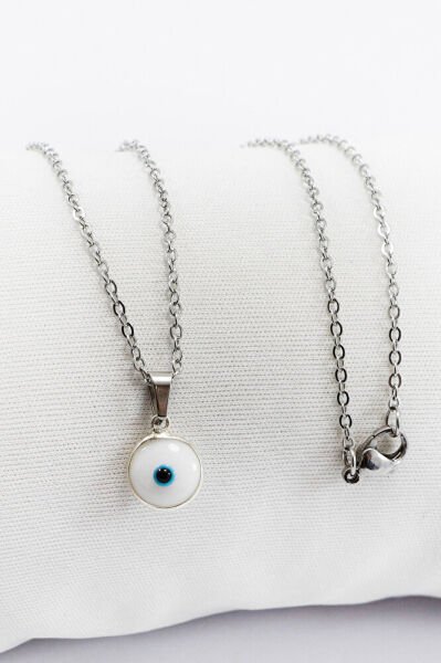 Çerçeveli Beyaz Nazar Boncuklu Bijuteri Kolye (Çelik Zincir 60 cm), Gümüş Renkli