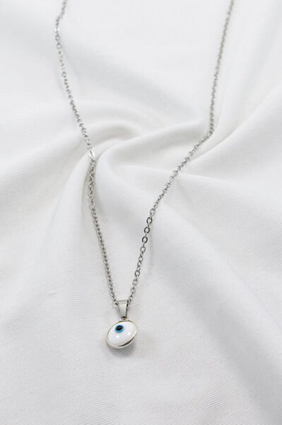 Çerçeveli Beyaz Nazar Boncuklu Bijuteri Kolye (Çelik Zincir 60 cm), Gümüş Renkli