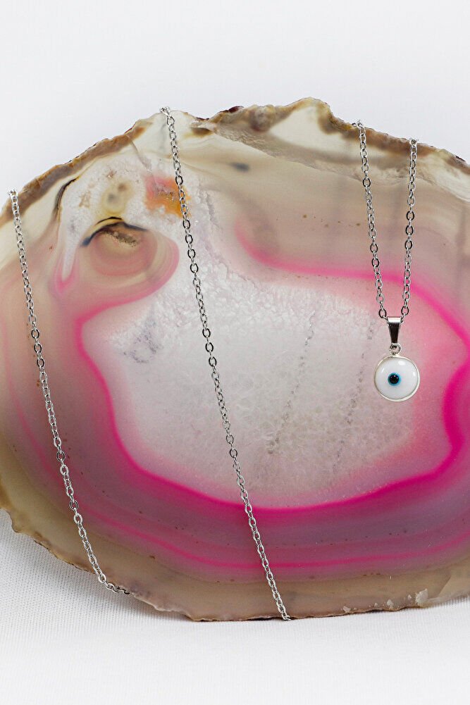 Çerçeveli Beyaz Nazar Boncuklu Bijuteri Kolye (Çelik Zincir 60 cm), Gümüş Renkli