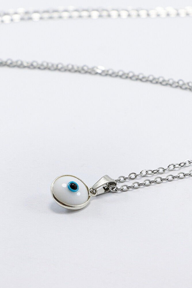 Çerçeveli Beyaz Nazar Boncuklu Bijuteri Kolye (Çelik Zincir 60 cm), Gümüş Renkli