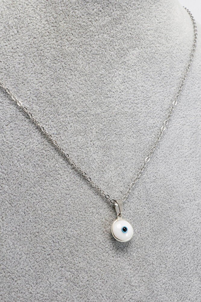 Çerçeveli Beyaz Nazar Boncuklu Bijuteri Kolye (Çelik Zincir 60 cm), Gümüş Renkli