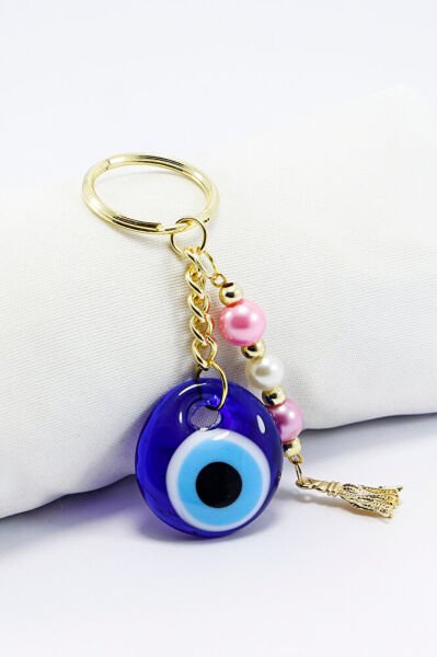 El Yapımı Cam Nazar Boncuklu Anahtarlık, Pembe Beyaz İncili Boncuklu Püsküllü Hediyelik Aksesuar