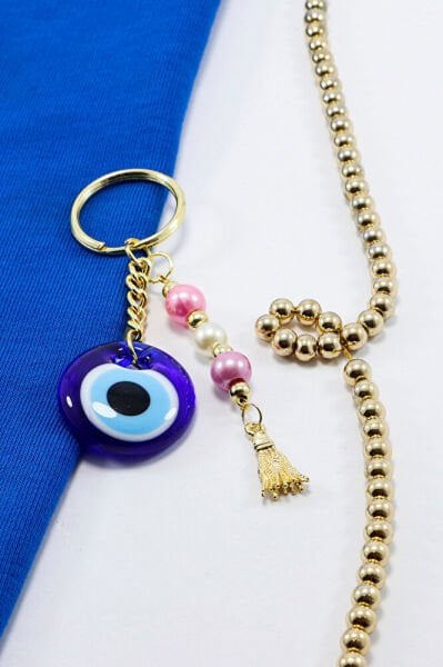 El Yapımı Cam Nazar Boncuklu Anahtarlık, Pembe Beyaz İncili Boncuklu Püsküllü Hediyelik Aksesuar