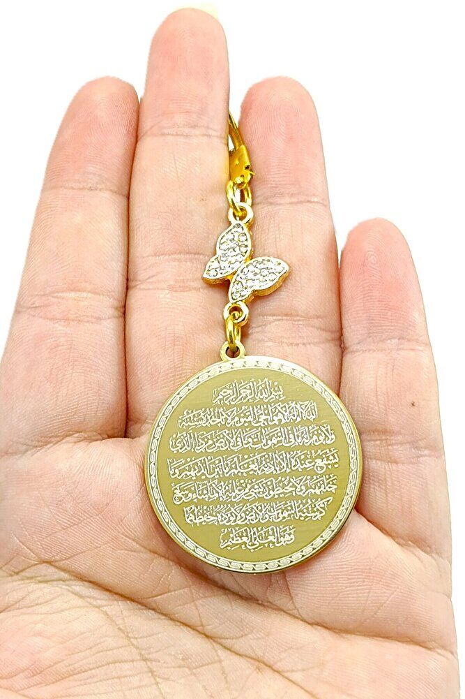 Butterfly Detailed Gold Colored Steel Double Sided Ayetel Kursi, Felak Nas Ihlas Car Rear View Mirror Ornament