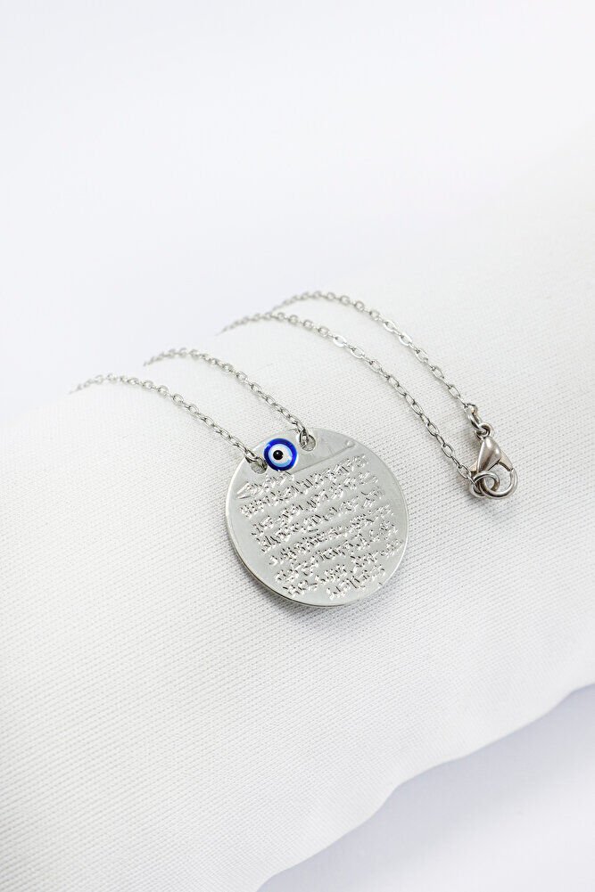 Mineli Nazar Metal Ayetel Kürsi Dualı Lak Kaplama Bijuteri Kolye (Zincir 45 cm), Gümüş Renkli