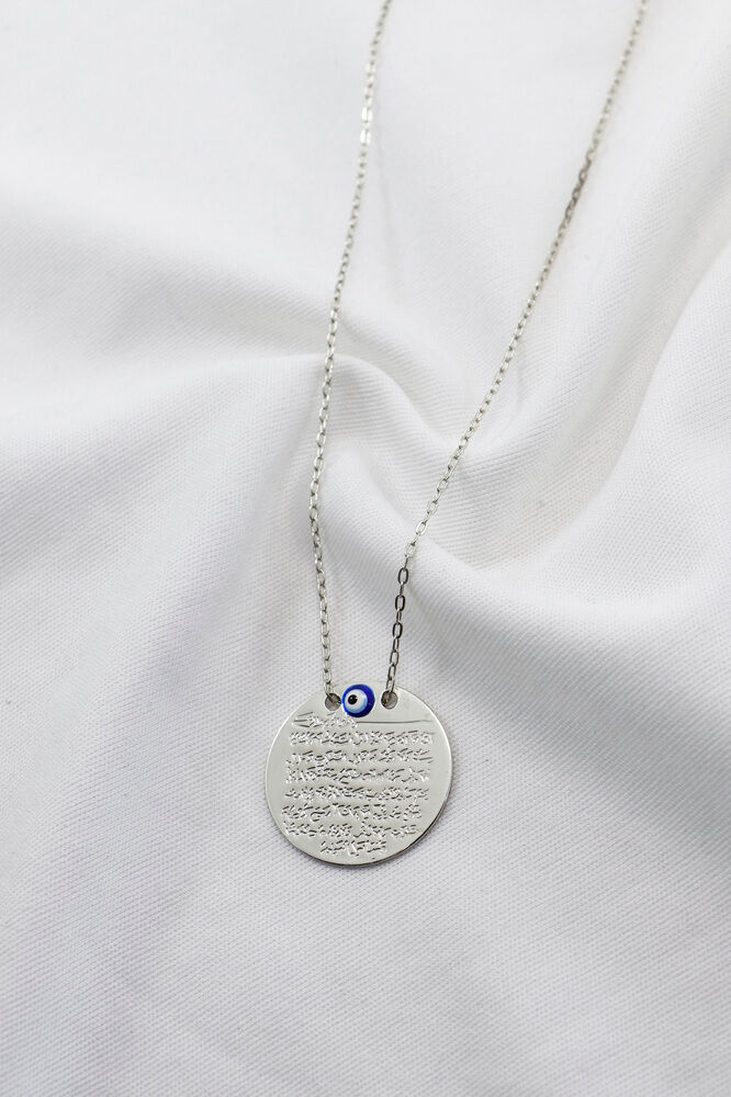 Mineli Nazar Metal Ayetel Kürsi Dualı Lak Kaplama Bijuteri Kolye (Zincir 45 cm), Gümüş Renkli