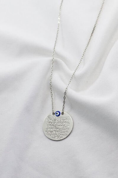 Mineli Nazar Metal Ayetel Kürsi Dualı Lak Kaplama Bijuteri Kolye (Zincir 45 cm), Gümüş Renkli